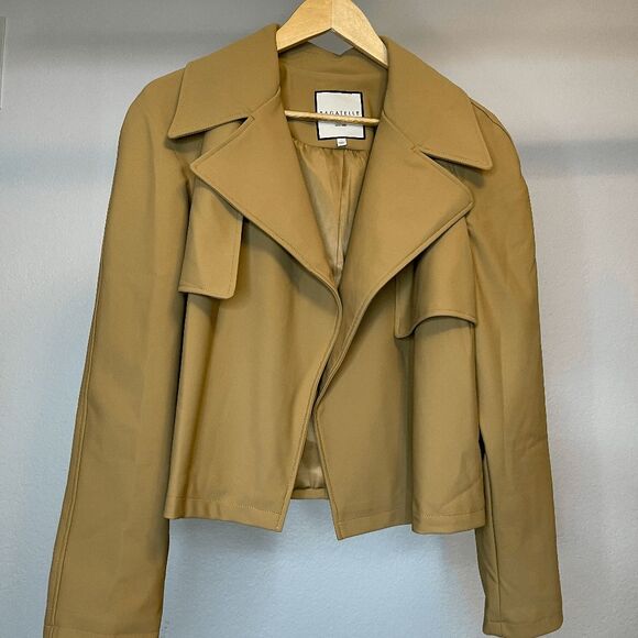 SOLD - Bagatelle Tan Camel Open Front Cropped Trench Jacket Blazer Size Large - Picture 8 of 13